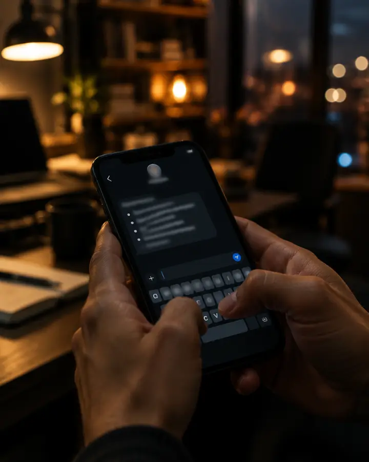 Hände tippen eine Nachricht auf einem Smartphone