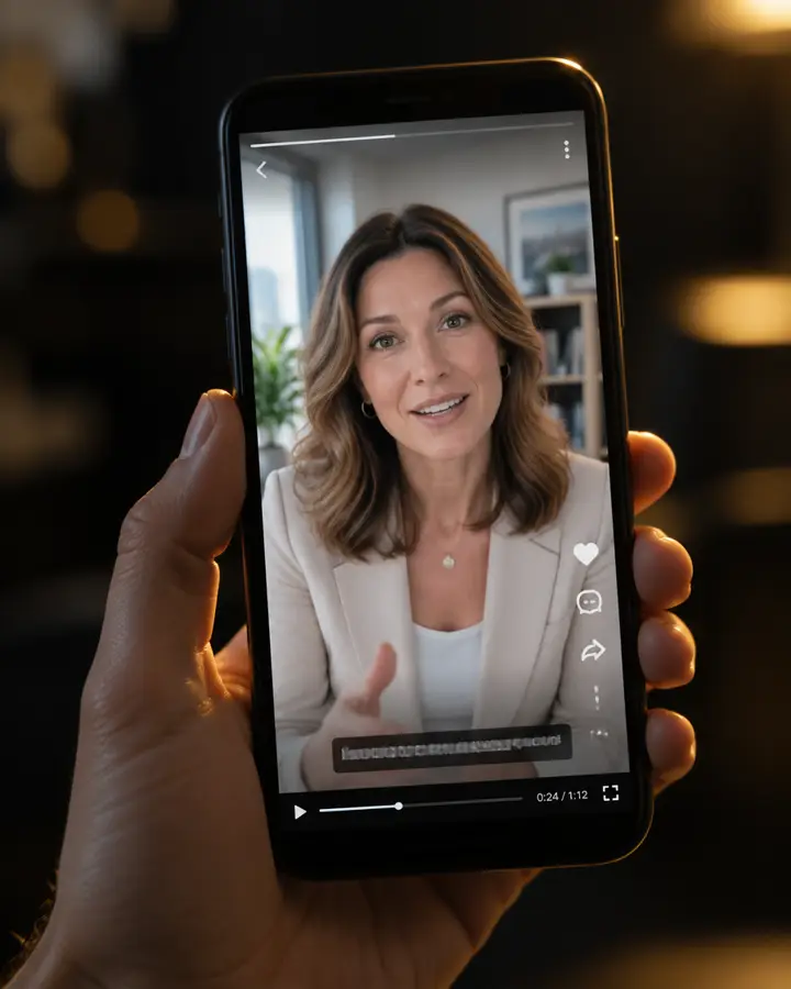 Hand hält ein Smartphone, auf dem ein Hochkant-Video läuft